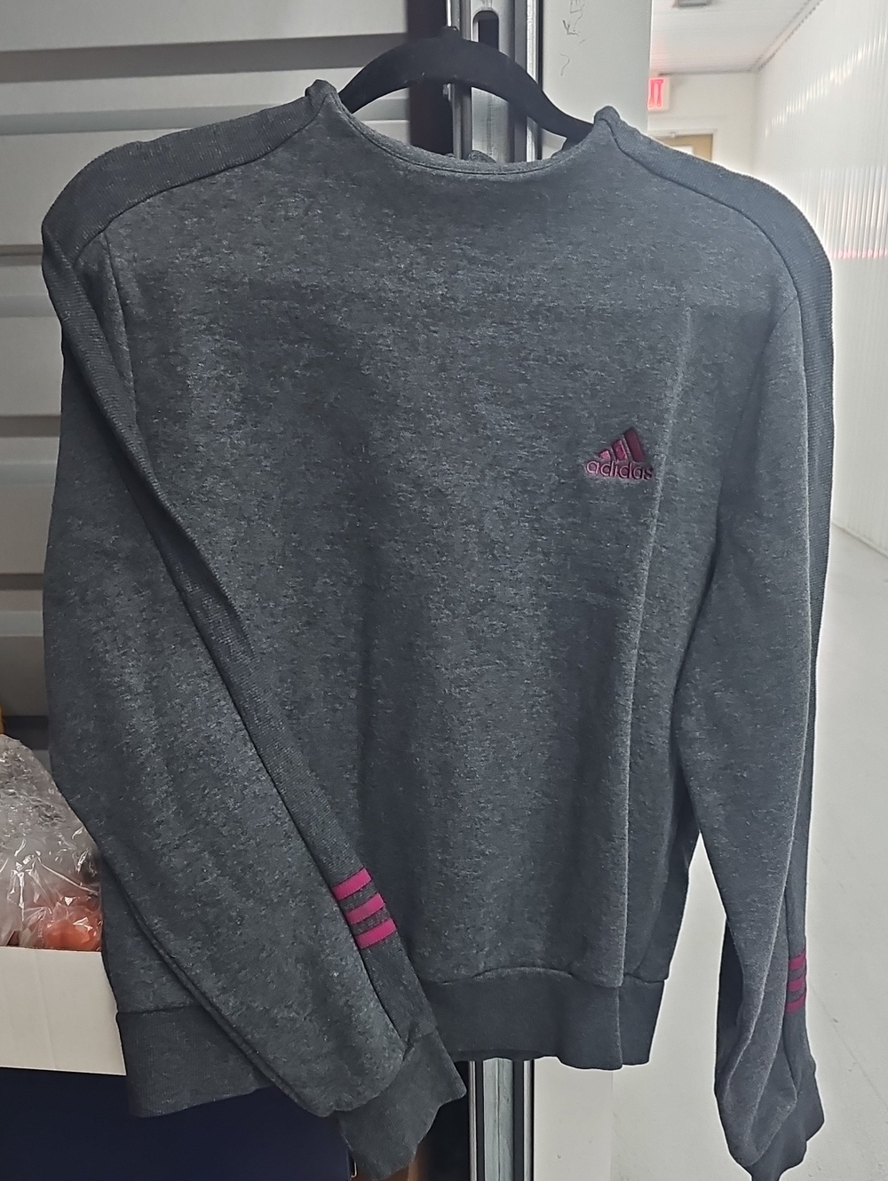 adidas Women Dark Gray Crewneck Sweater with Pink Logo Accents